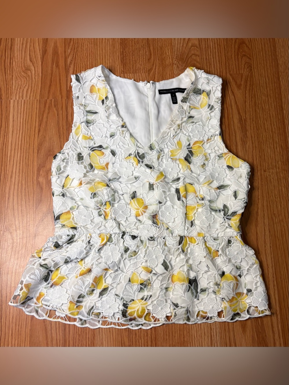 White House Black Market White Lace Peplum Camisole with Yellow Floral Print